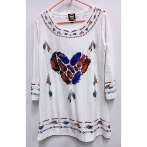 Ameri Mode Tunic Top Womens S/M White Feather Heart Rhinestone Boho Western
